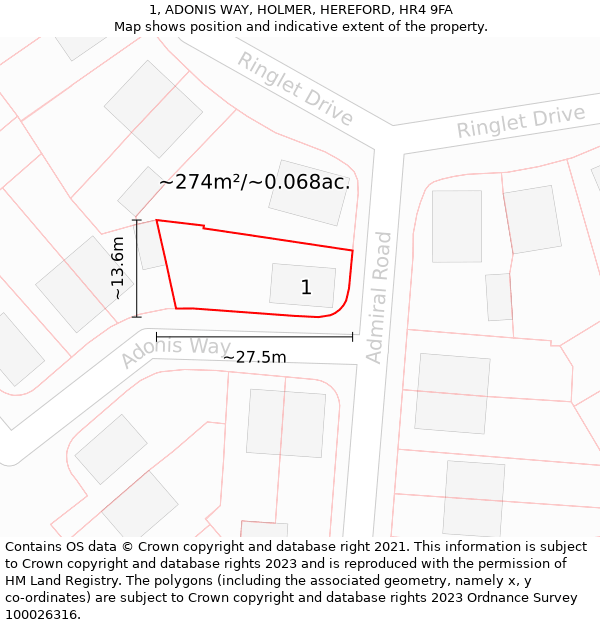 1, ADONIS WAY, HOLMER, HEREFORD, HR4 9FA: Plot and title map