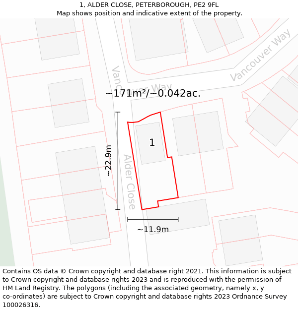 1, ALDER CLOSE, PETERBOROUGH, PE2 9FL: Plot and title map