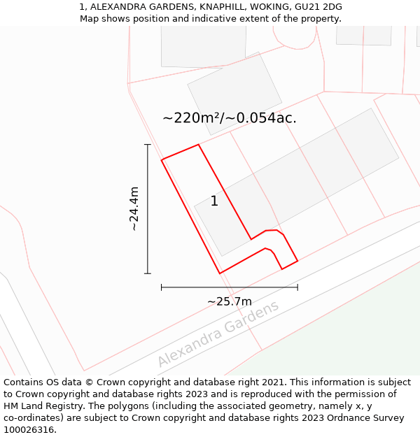 1, ALEXANDRA GARDENS, KNAPHILL, WOKING, GU21 2DG: Plot and title map