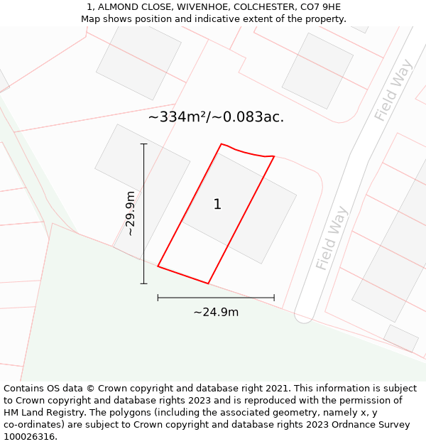 1, ALMOND CLOSE, WIVENHOE, COLCHESTER, CO7 9HE: Plot and title map