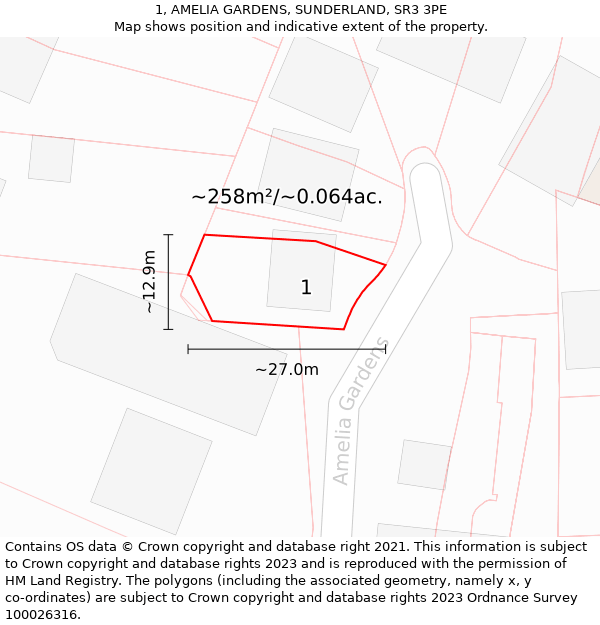 1, AMELIA GARDENS, SUNDERLAND, SR3 3PE: Plot and title map