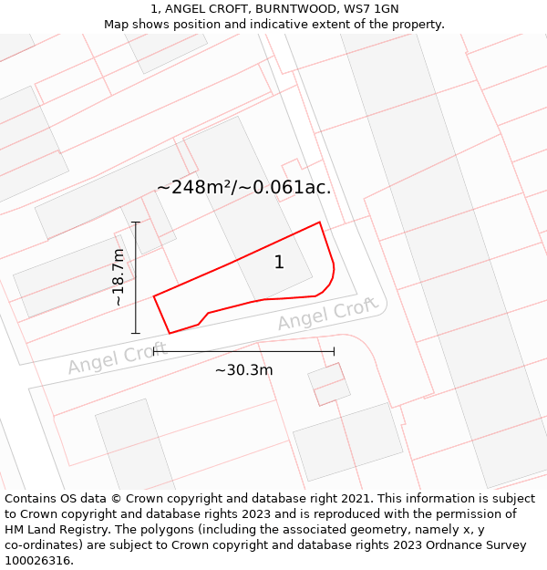 1, ANGEL CROFT, BURNTWOOD, WS7 1GN: Plot and title map
