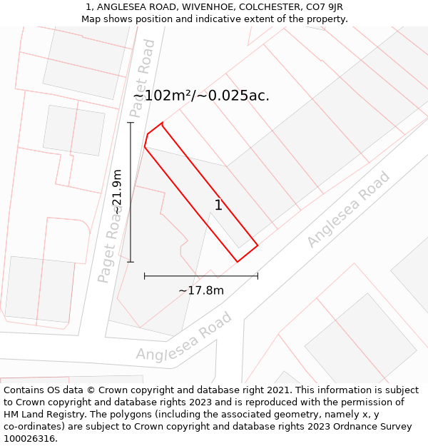 1, ANGLESEA ROAD, WIVENHOE, COLCHESTER, CO7 9JR: Plot and title map