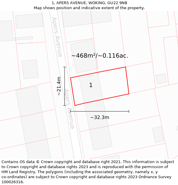 1, APERS AVENUE, WOKING, GU22 9NB: Plot and title map