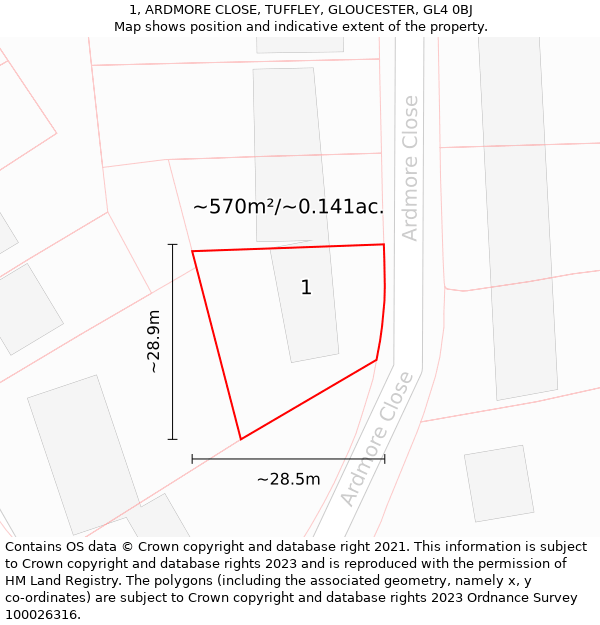 1, ARDMORE CLOSE, TUFFLEY, GLOUCESTER, GL4 0BJ: Plot and title map