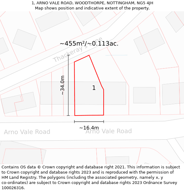 1, ARNO VALE ROAD, WOODTHORPE, NOTTINGHAM, NG5 4JH: Plot and title map