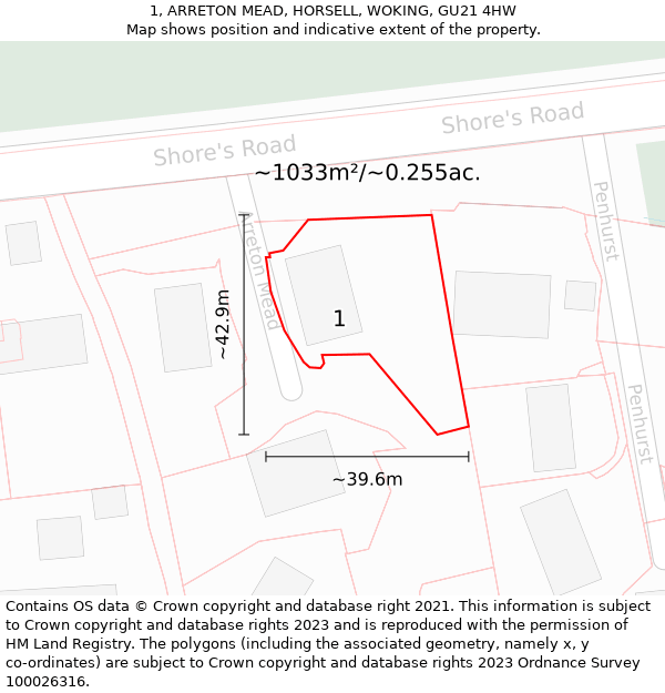 1, ARRETON MEAD, HORSELL, WOKING, GU21 4HW: Plot and title map