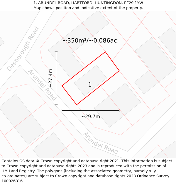 1, ARUNDEL ROAD, HARTFORD, HUNTINGDON, PE29 1YW: Plot and title map