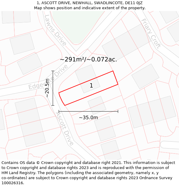 1, ASCOTT DRIVE, NEWHALL, SWADLINCOTE, DE11 0JZ: Plot and title map