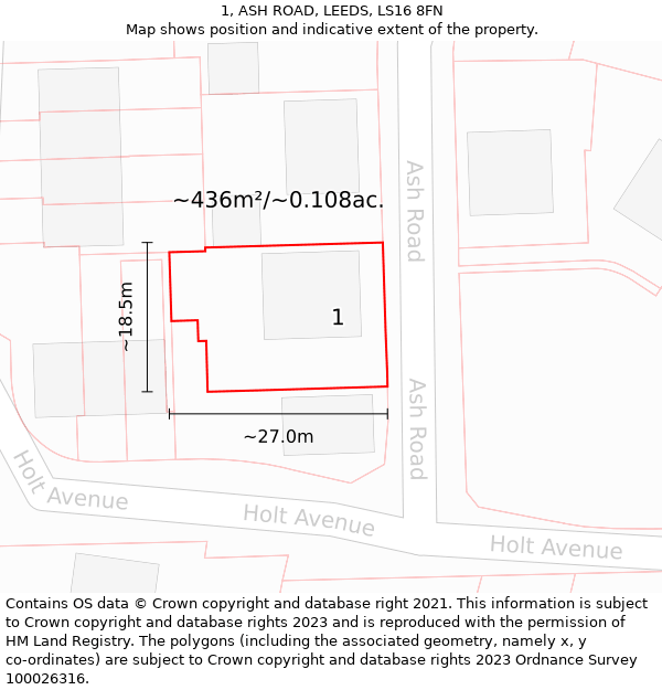 1, ASH ROAD, LEEDS, LS16 8FN: Plot and title map