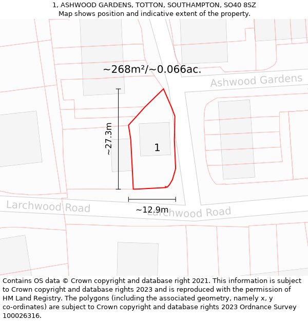 1, ASHWOOD GARDENS, TOTTON, SOUTHAMPTON, SO40 8SZ: Plot and title map