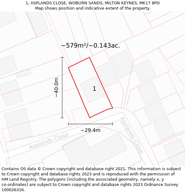 1, ASPLANDS CLOSE, WOBURN SANDS, MILTON KEYNES, MK17 8PD: Plot and title map