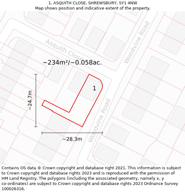 1, ASQUITH CLOSE, SHREWSBURY, SY1 4NW: Plot and title map