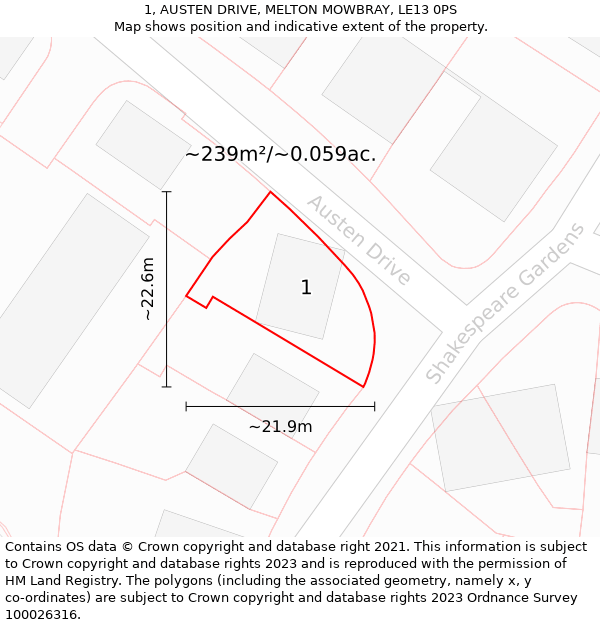 1, AUSTEN DRIVE, MELTON MOWBRAY, LE13 0PS: Plot and title map