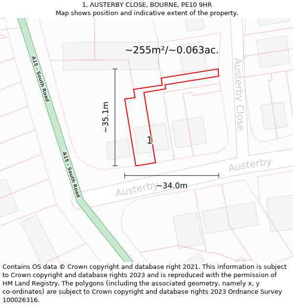 1, AUSTERBY CLOSE, BOURNE, PE10 9HR: Plot and title map