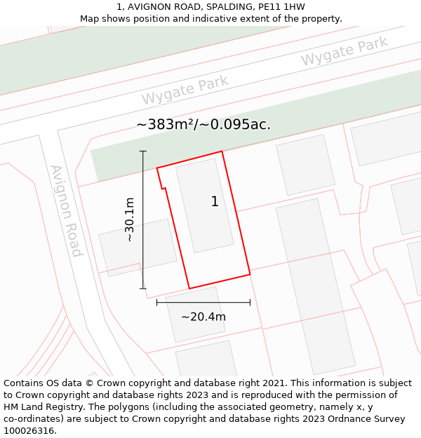 1, AVIGNON ROAD, SPALDING, PE11 1HW: Plot and title map