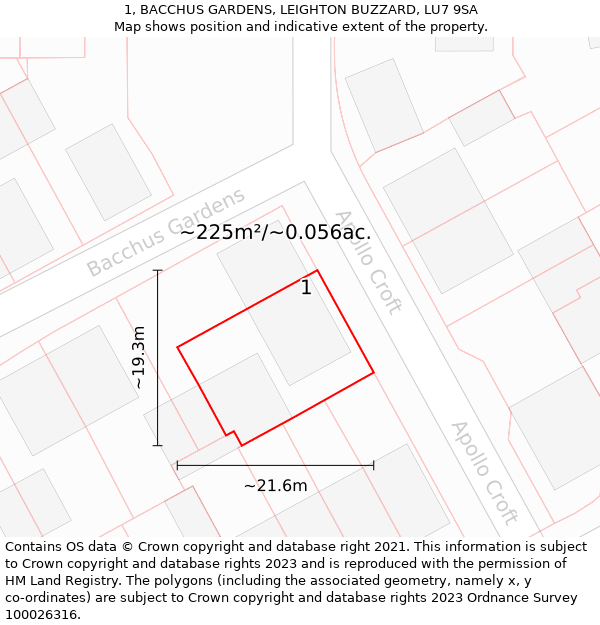 1, BACCHUS GARDENS, LEIGHTON BUZZARD, LU7 9SA: Plot and title map