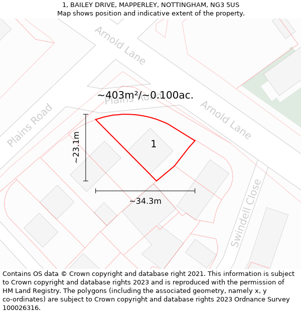 1, BAILEY DRIVE, MAPPERLEY, NOTTINGHAM, NG3 5US: Plot and title map