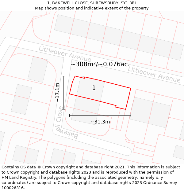 1, BAKEWELL CLOSE, SHREWSBURY, SY1 3RL: Plot and title map