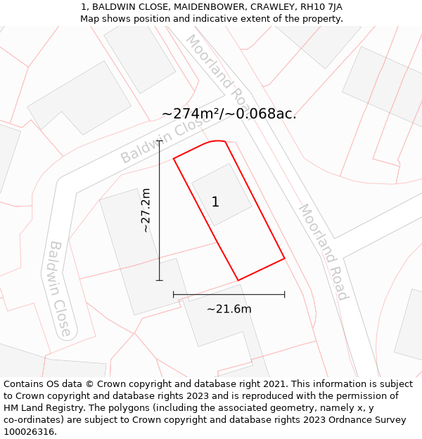 1, BALDWIN CLOSE, MAIDENBOWER, CRAWLEY, RH10 7JA: Plot and title map