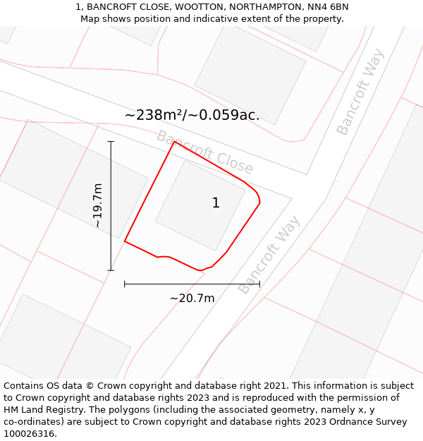 1, BANCROFT CLOSE, WOOTTON, NORTHAMPTON, NN4 6BN: Plot and title map