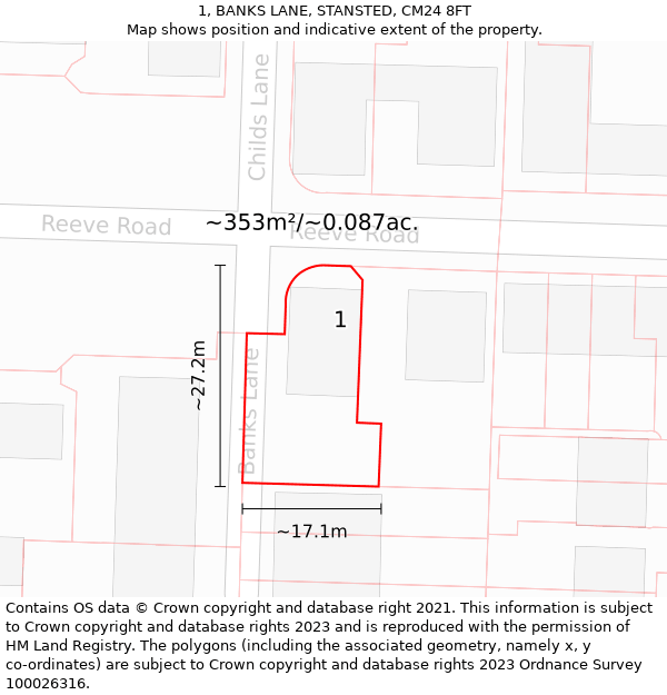 1, BANKS LANE, STANSTED, CM24 8FT: Plot and title map