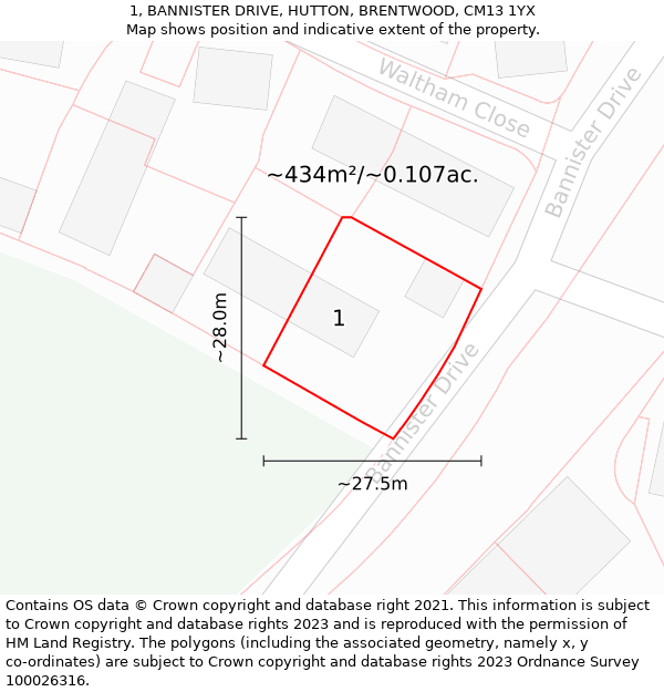 1, BANNISTER DRIVE, HUTTON, BRENTWOOD, CM13 1YX: Plot and title map