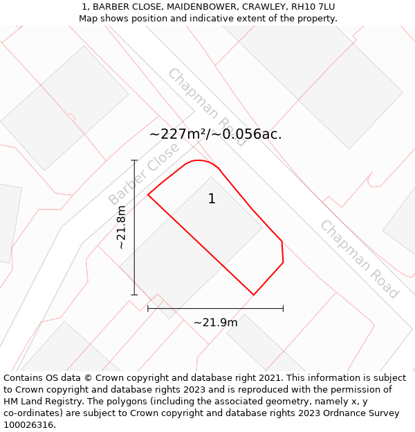1, BARBER CLOSE, MAIDENBOWER, CRAWLEY, RH10 7LU: Plot and title map