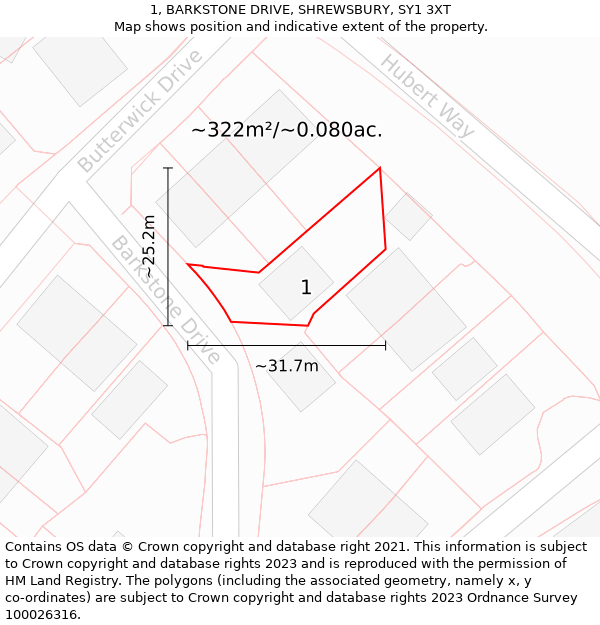 1, BARKSTONE DRIVE, SHREWSBURY, SY1 3XT: Plot and title map