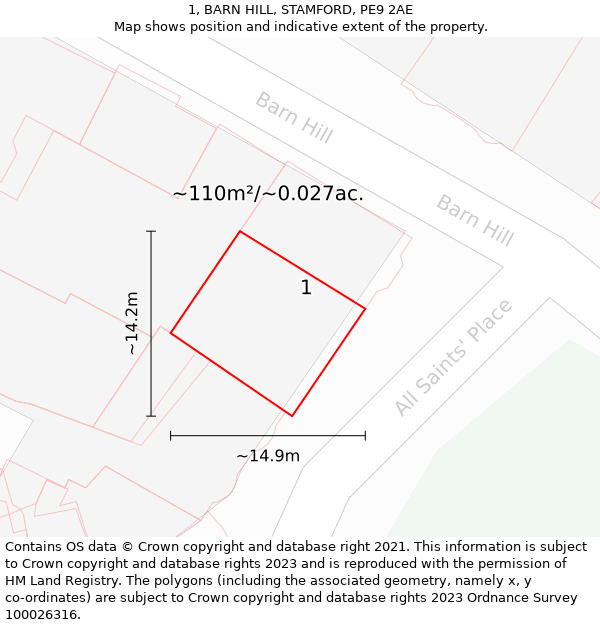 1, BARN HILL, STAMFORD, PE9 2AE: Plot and title map