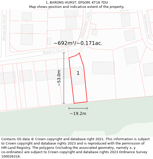 1, BARONS HURST, EPSOM, KT18 7DU: Plot and title map