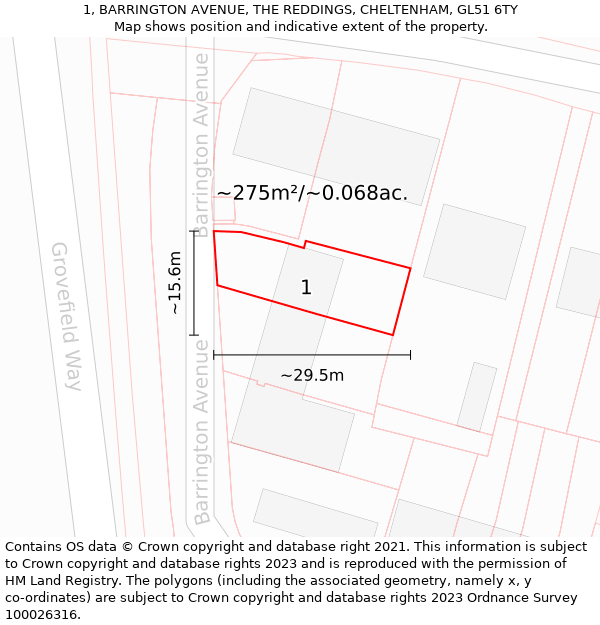 1, BARRINGTON AVENUE, THE REDDINGS, CHELTENHAM, GL51 6TY: Plot and title map