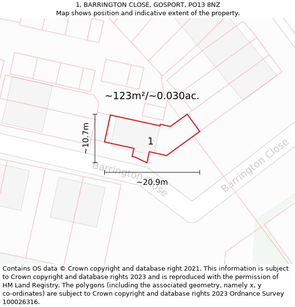 1, BARRINGTON CLOSE, GOSPORT, PO13 8NZ: Plot and title map