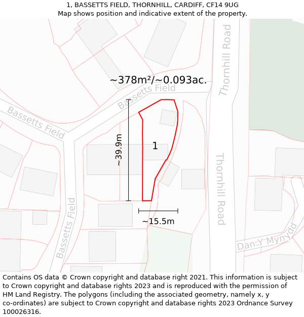 1, BASSETTS FIELD, THORNHILL, CARDIFF, CF14 9UG: Plot and title map