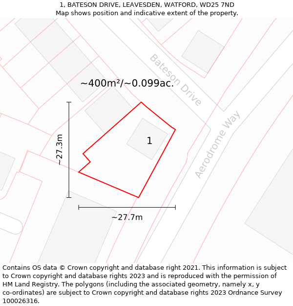 1, BATESON DRIVE, LEAVESDEN, WATFORD, WD25 7ND: Plot and title map