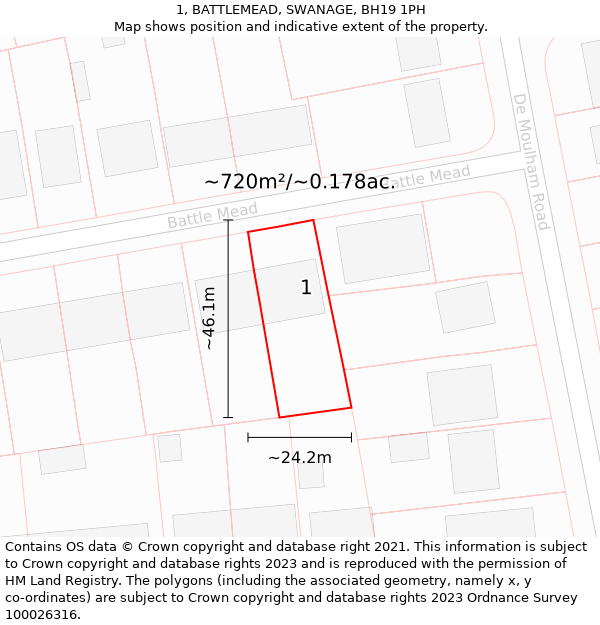 1, BATTLEMEAD, SWANAGE, BH19 1PH: Plot and title map