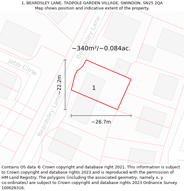 1, BEARDSLEY LANE, TADPOLE GARDEN VILLAGE, SWINDON, SN25 2QA: Plot and title map