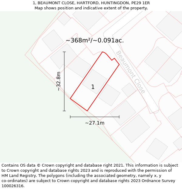 1, BEAUMONT CLOSE, HARTFORD, HUNTINGDON, PE29 1ER: Plot and title map