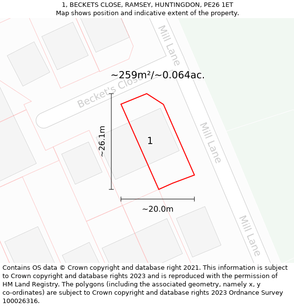 1, BECKETS CLOSE, RAMSEY, HUNTINGDON, PE26 1ET: Plot and title map