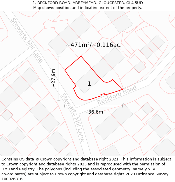 1, BECKFORD ROAD, ABBEYMEAD, GLOUCESTER, GL4 5UD: Plot and title map