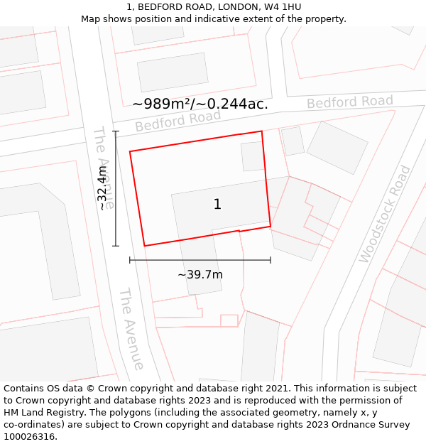 1, BEDFORD ROAD, LONDON, W4 1HU: Plot and title map