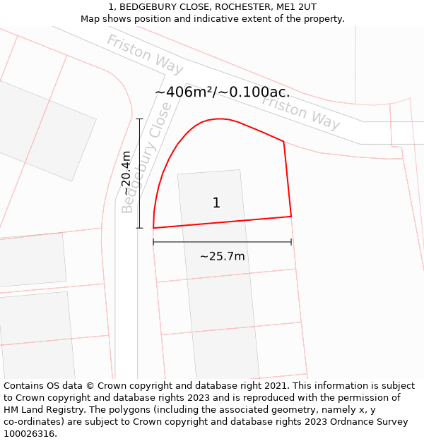 1, BEDGEBURY CLOSE, ROCHESTER, ME1 2UT: Plot and title map