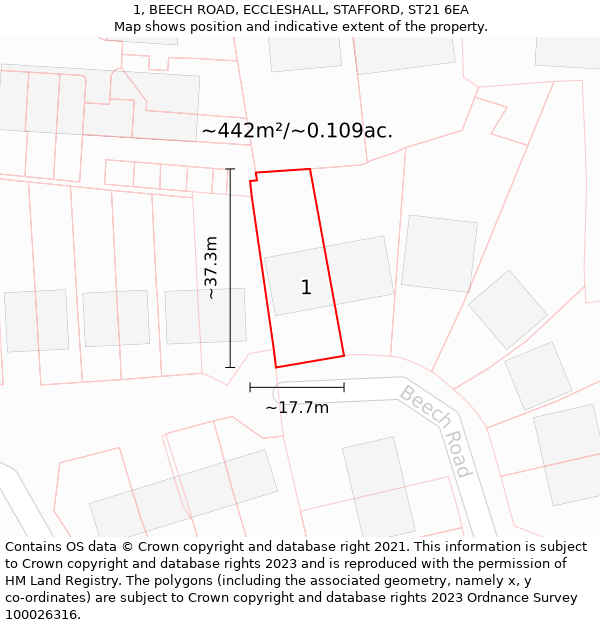 1, BEECH ROAD, ECCLESHALL, STAFFORD, ST21 6EA: Plot and title map