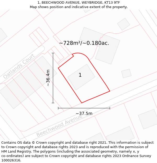 1, BEECHWOOD AVENUE, WEYBRIDGE, KT13 9TF: Plot and title map