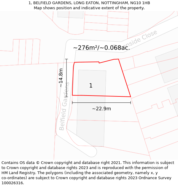 1, BELFIELD GARDENS, LONG EATON, NOTTINGHAM, NG10 1HB: Plot and title map