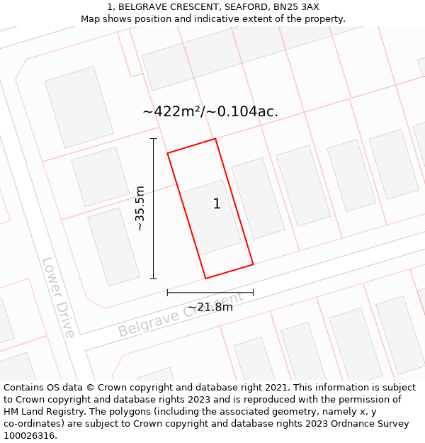 1, BELGRAVE CRESCENT, SEAFORD, BN25 3AX: Plot and title map