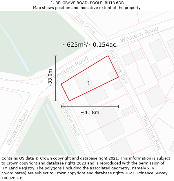 1, BELGRAVE ROAD, POOLE, BH13 6DB: Plot and title map