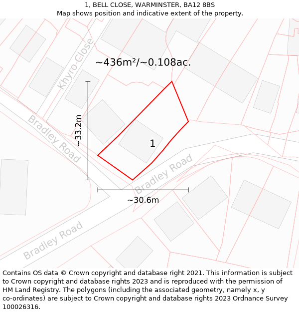 1, BELL CLOSE, WARMINSTER, BA12 8BS: Plot and title map