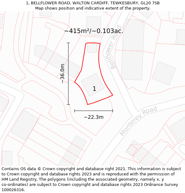 1, BELLFLOWER ROAD, WALTON CARDIFF, TEWKESBURY, GL20 7SB: Plot and title map