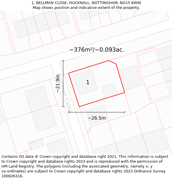 1, BELLMAN CLOSE, HUCKNALL, NOTTINGHAM, NG15 6WW: Plot and title map